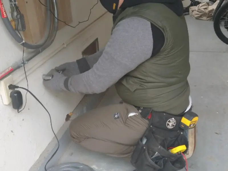 Electrician performing outlet wiring in a Richwood garage